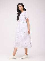 Cotton Checked Dress With Slip - White