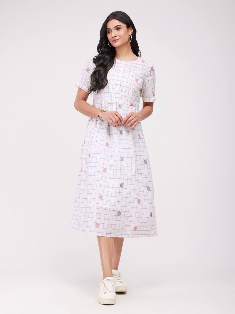 Cotton Checked Dress With Slip - White