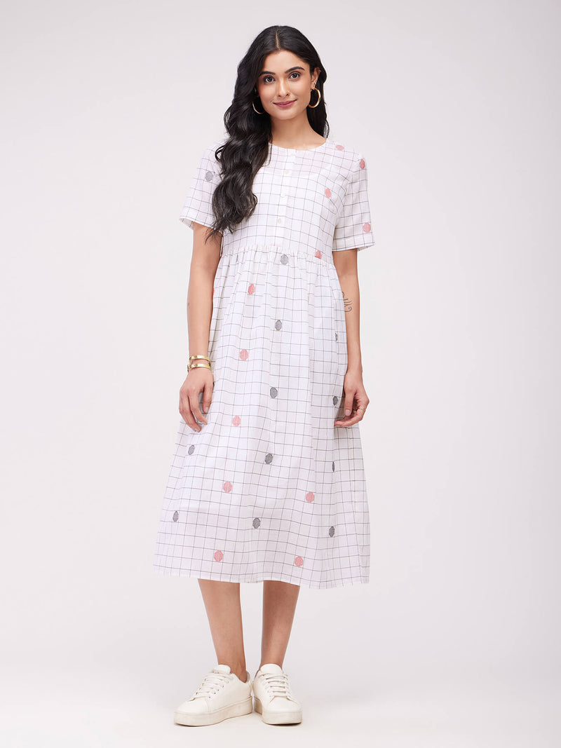 Cotton Checked Dress With Slip - White