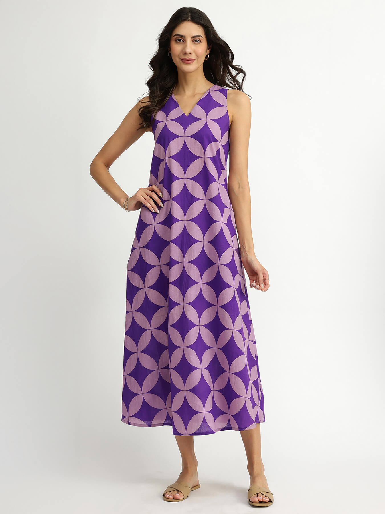 Cotton Geometric A-Line Dress - Lavender