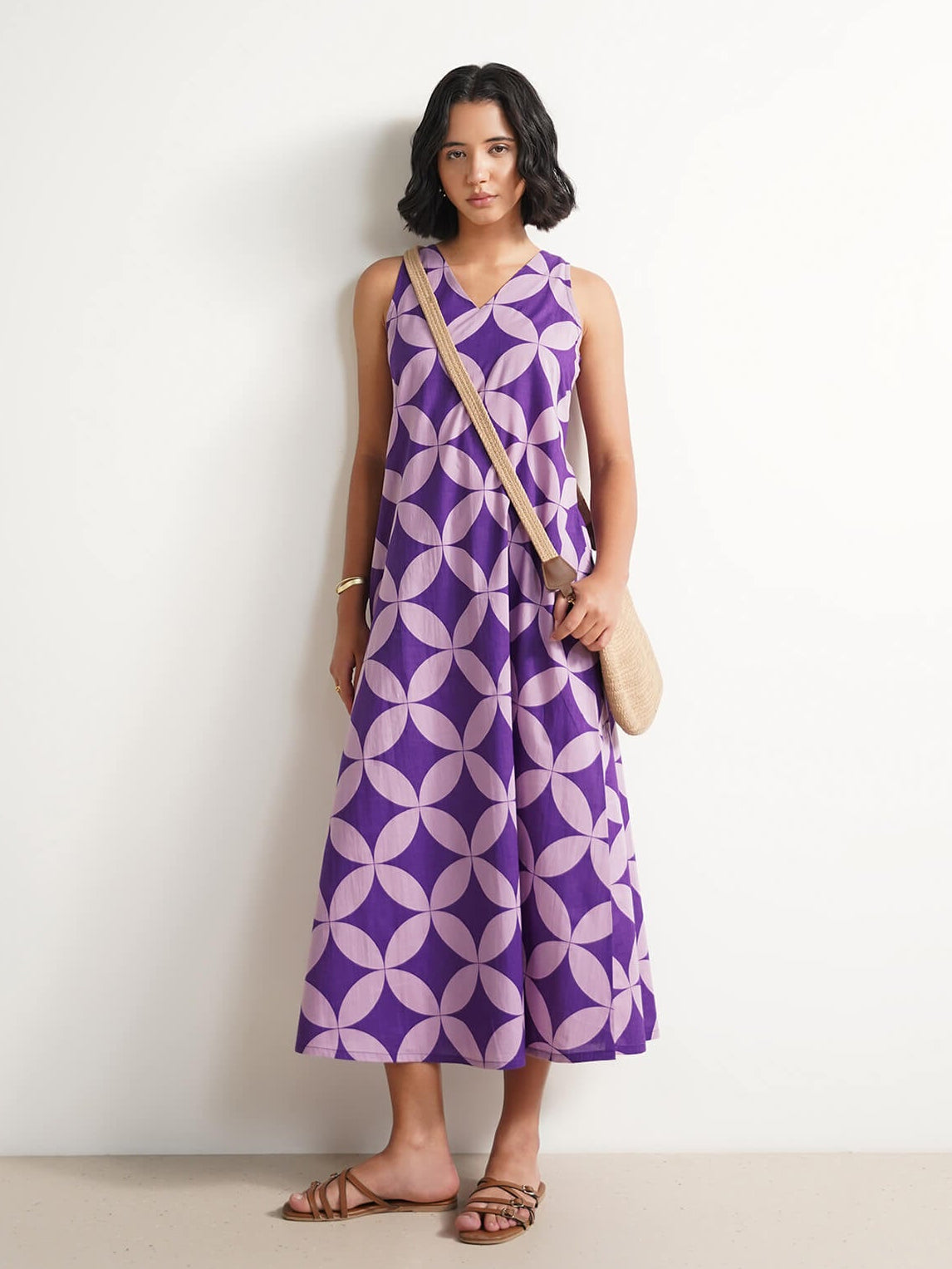 Cotton Geometric A-Line Dress - Lavender