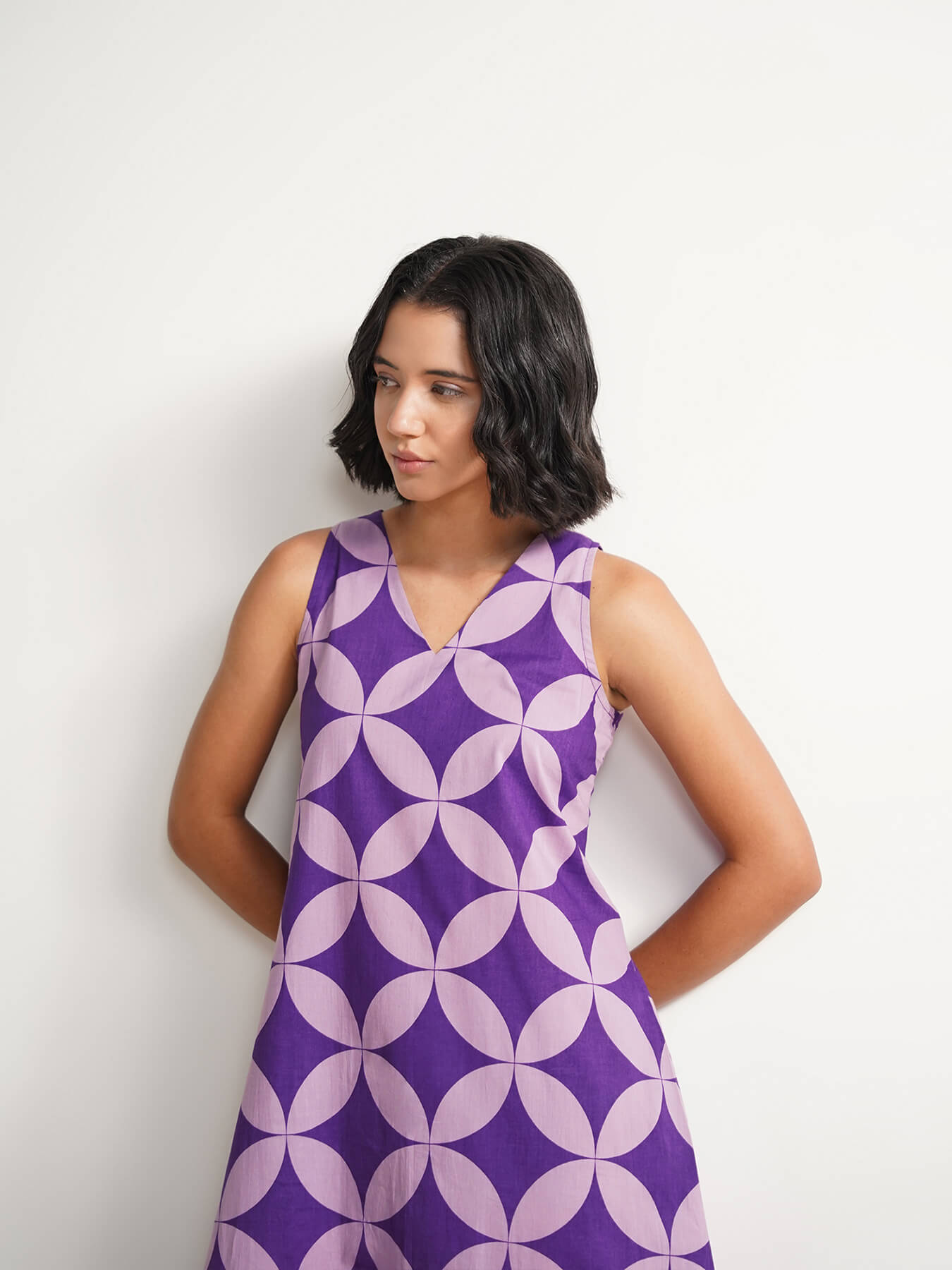 Cotton Geometric A-Line Dress - Lavender