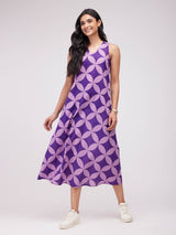 Cotton Geometric A-Line Dress - Lavender