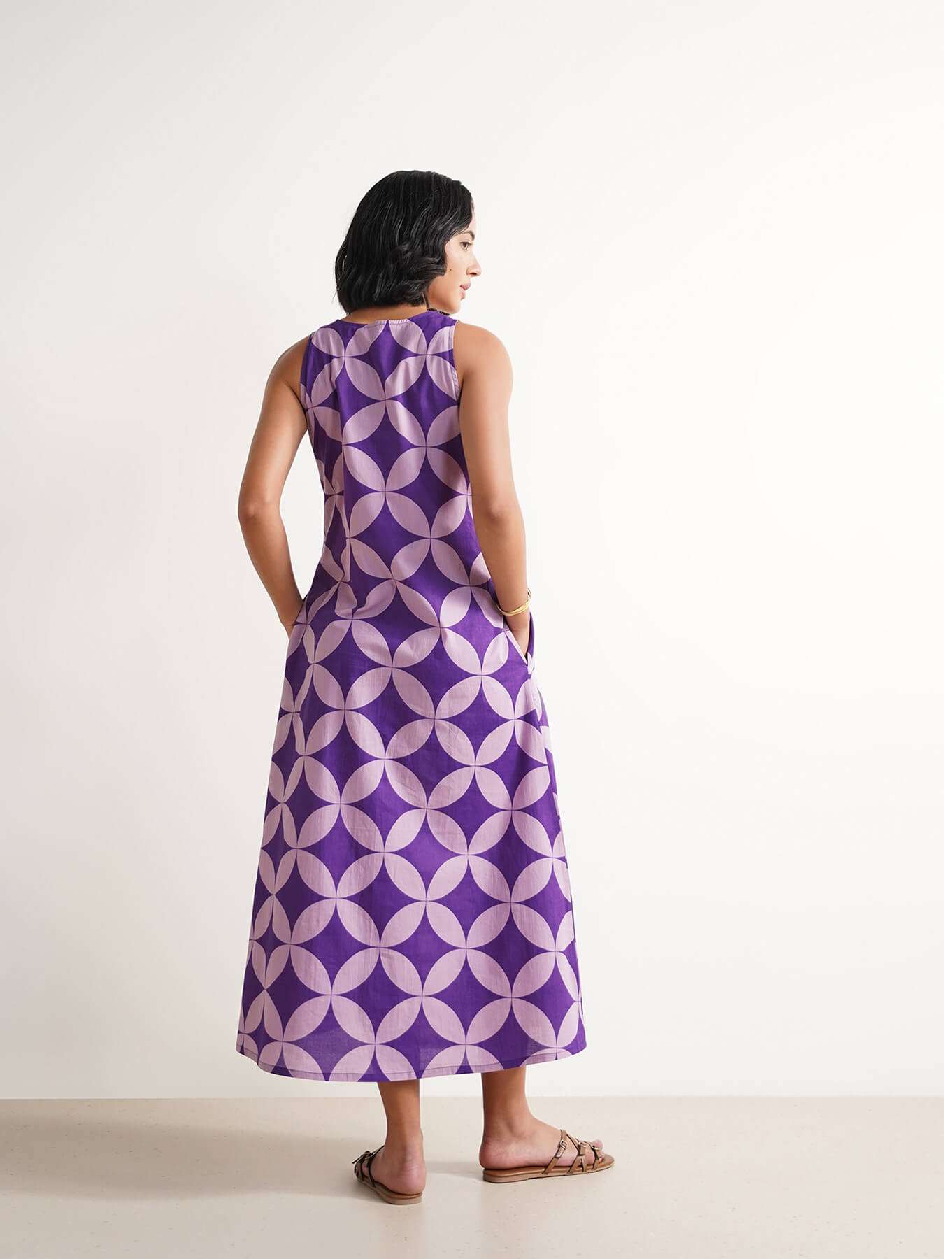Cotton Geometric A-Line Dress - Lavender