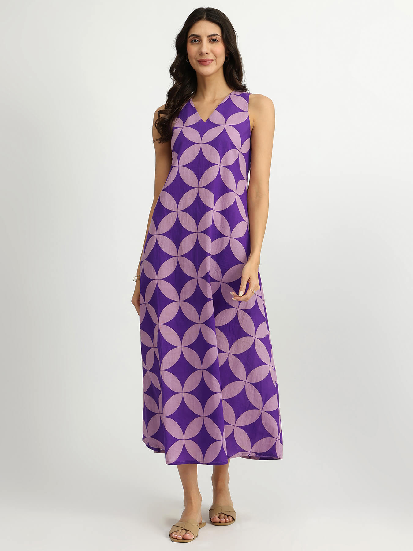 Cotton Geometric A-Line Dress - Lavender