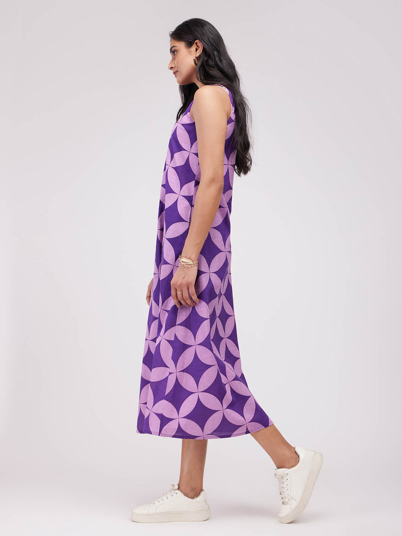 Cotton Geometric A-Line Dress - Lavender