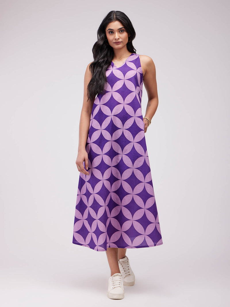 Cotton Geometric A-Line Dress - Lavender