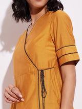 Chanderi Colourblock Wrap Dress- Mustard & Black