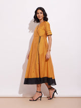 Chanderi Colourblock Wrap Dress- Mustard & Black