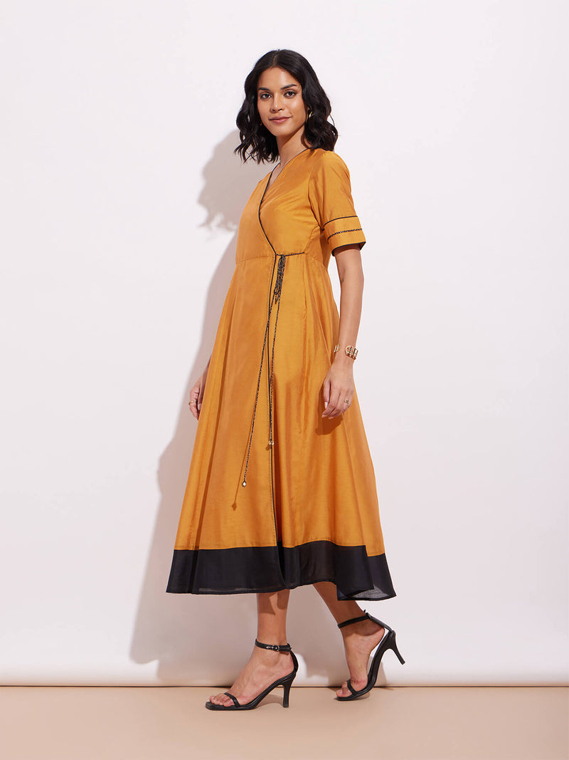 Chanderi Colourblock Wrap Dress- Mustard & Black