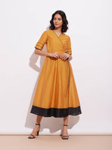 Chanderi Colourblock Wrap Dress- Mustard & Black