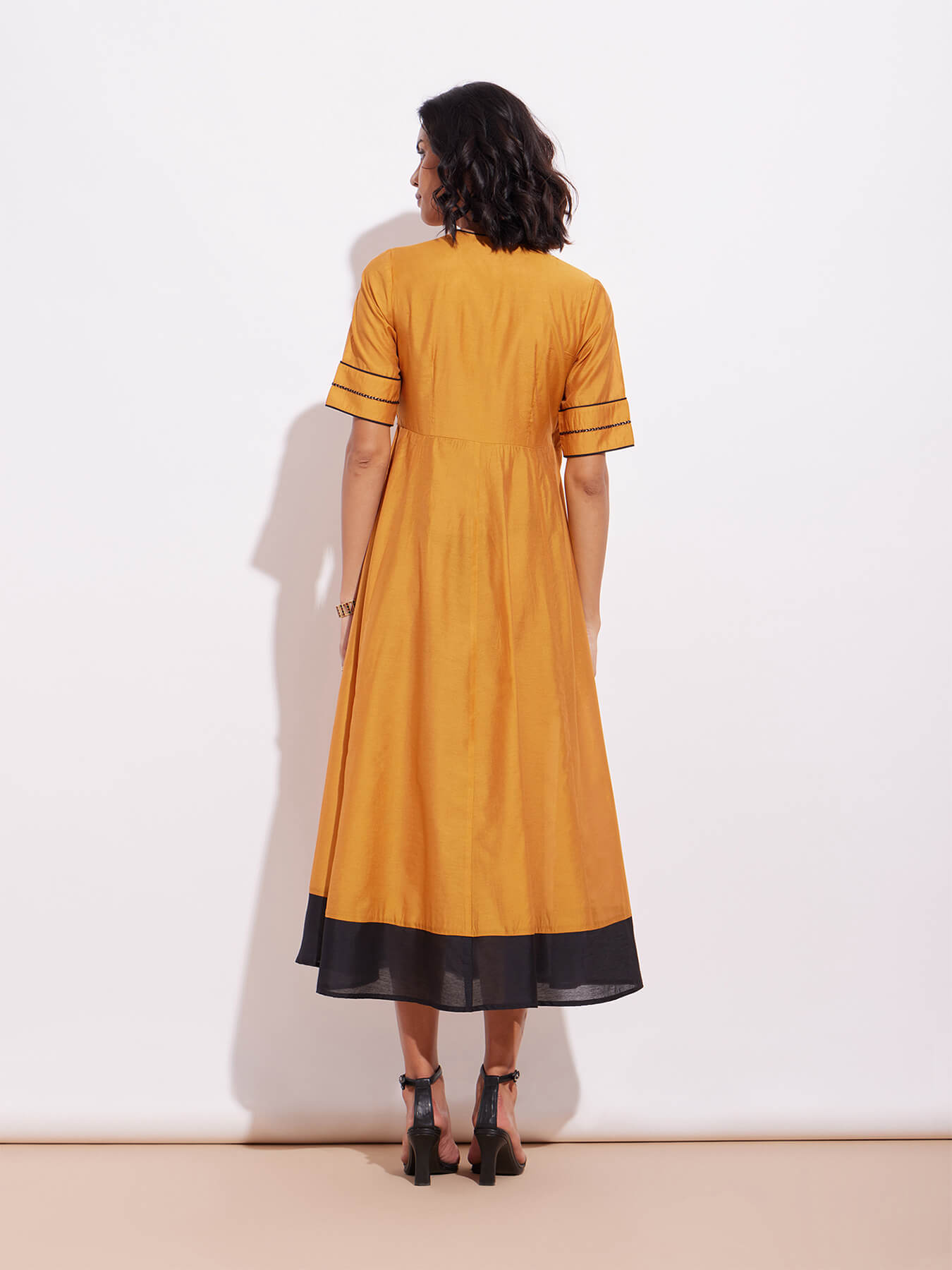 Chanderi Colourblock Wrap Dress- Mustard & Black