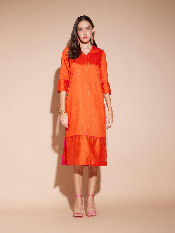 Chanderi Lurex Dress with Sash - Orange & Pink