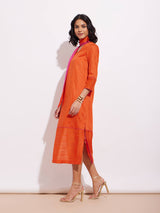 Chanderi Lurex Dress with Sash - Orange & Pink