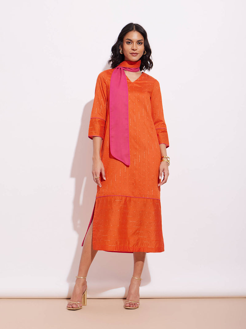 Chanderi Lurex Dress with Sash - Orange & Pink