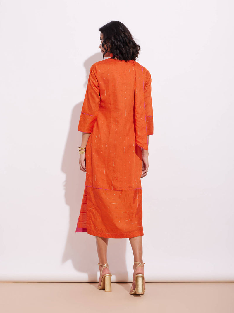 Chanderi Lurex Dress with Sash - Orange & Pink