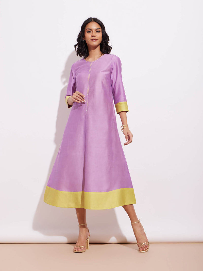 Chanderi A Line Colourblock Dress - Lavender & Yellow