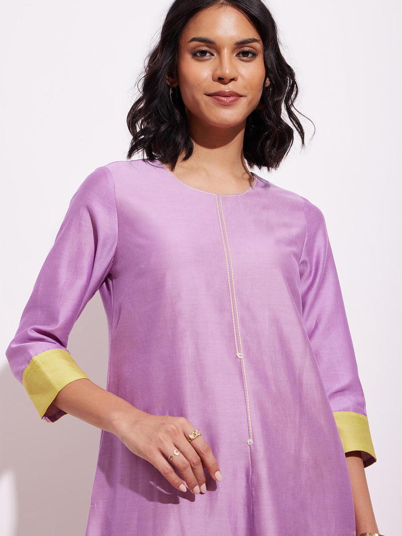 Chanderi A Line Colourblock Dress - Lavender & Yellow