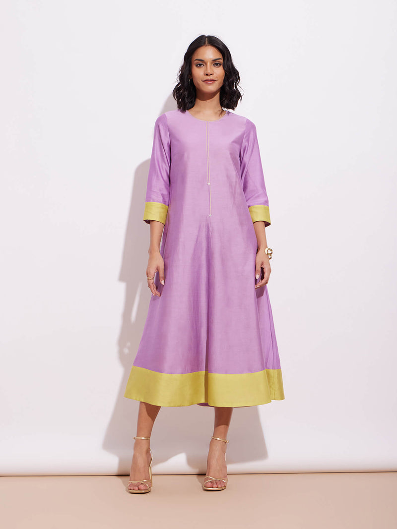 Chanderi A Line Colourblock Dress - Lavender & Yellow