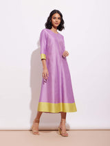 Chanderi A Line Colourblock Dress - Lavender & Yellow