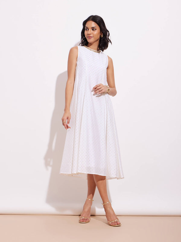 Poly Silk Polka A-Line Dress - White & Gold