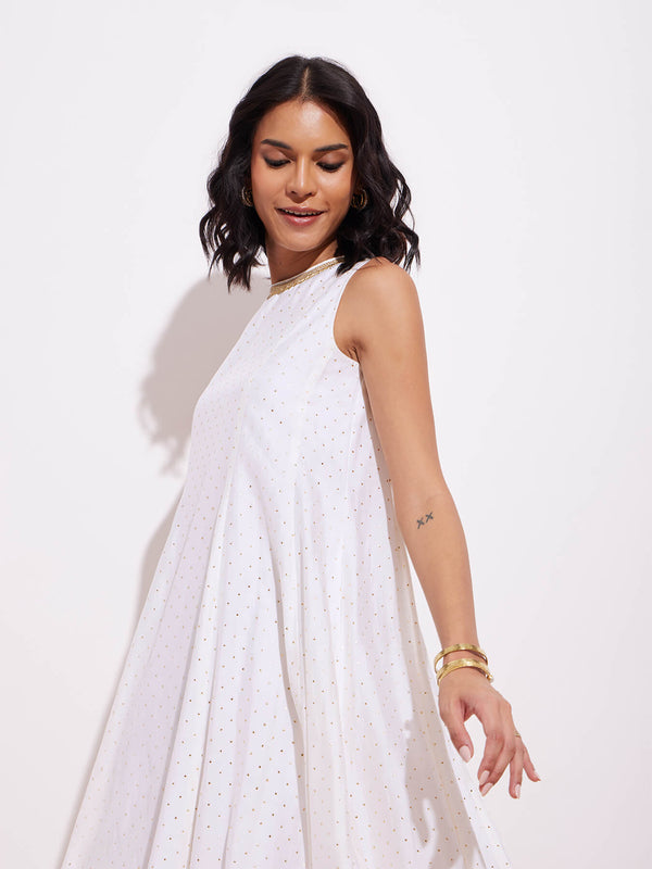 Poly Silk Polka A-Line Dress - White & Gold