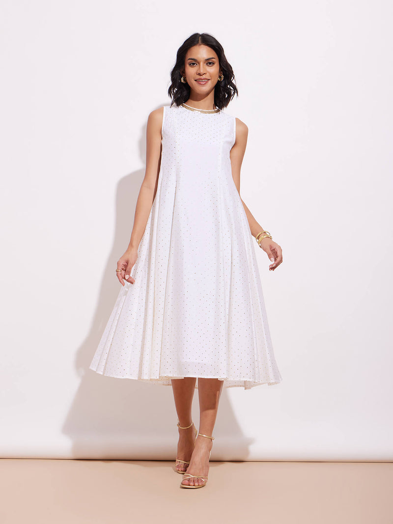 Poly Silk Polka A-Line Dress - White & Gold