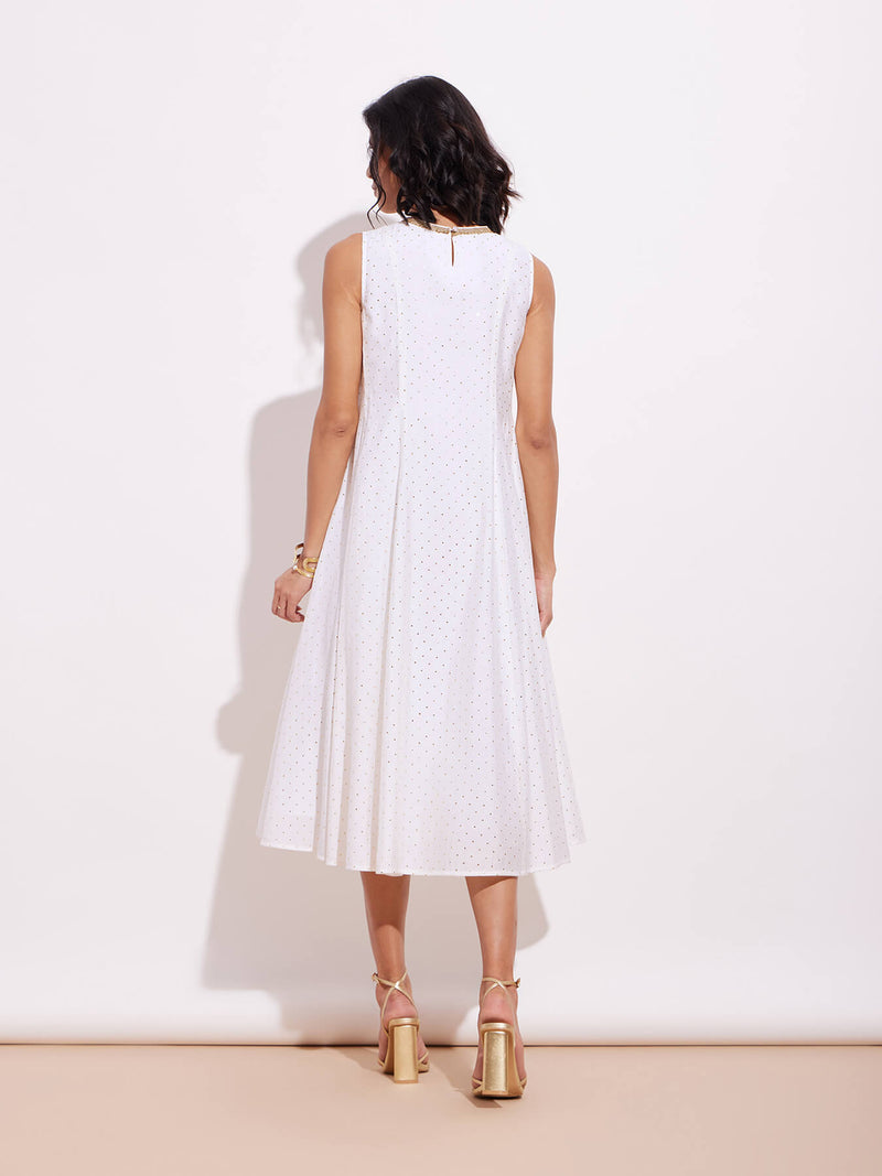 Poly Silk Polka A-Line Dress - White & Gold