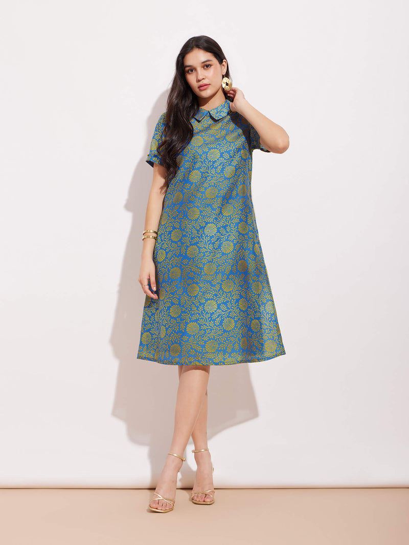 Chanderi Ethnic Motif Dress - Blue