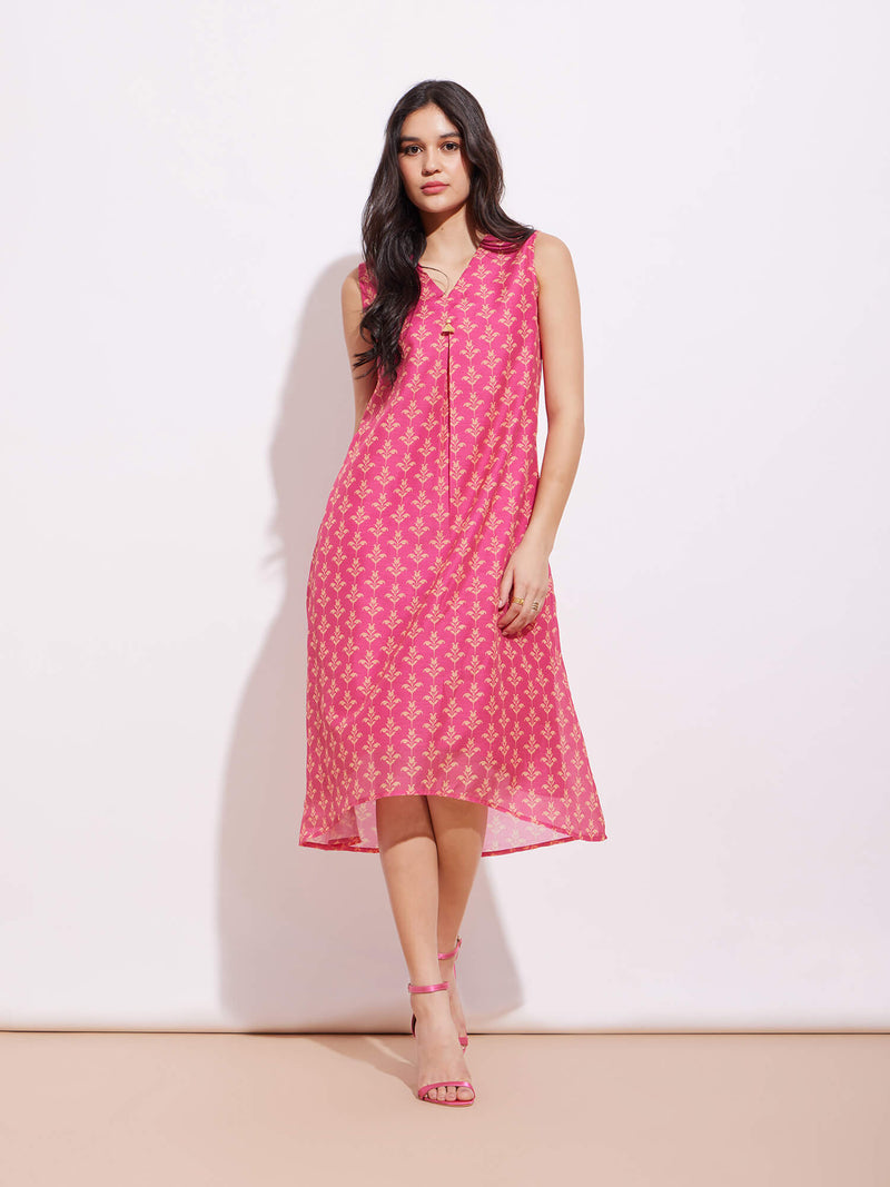 Chanderi Ethnic Motif Dress - Pink