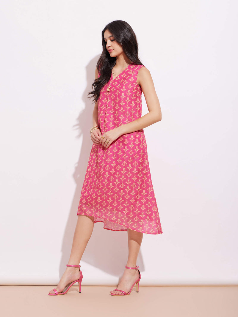 Chanderi Ethnic Motif Dress - Pink