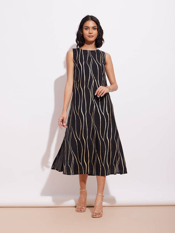 Poly Silk Abstract Print Dress - Black & Gold