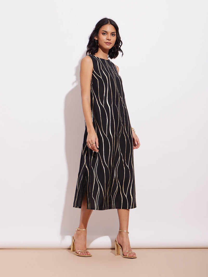 Poly Silk Abstract Print Dress - Black & Gold