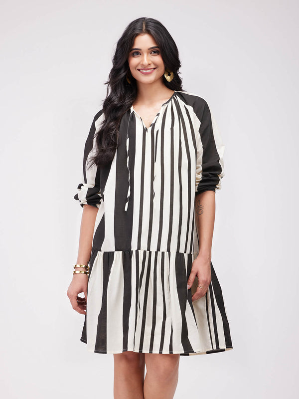 Cotton Striped Gathered Dress - Black & White