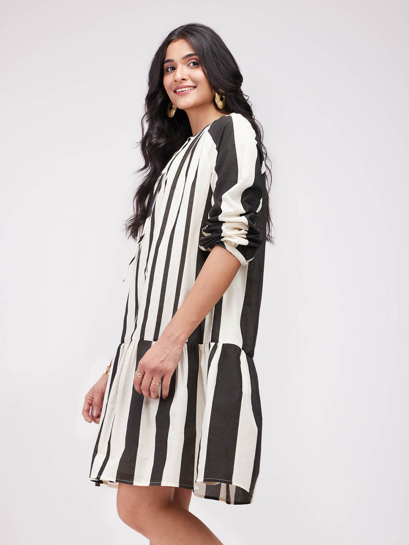 Cotton Striped Gathered Dress - Black & White