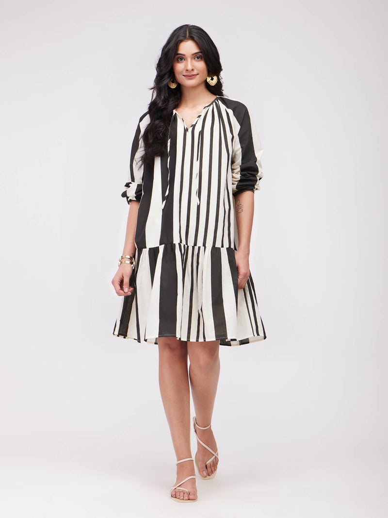 Buy Black & White Cotton Striped Gathered Dress Online