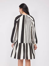 Cotton Striped Gathered Dress - Black & White