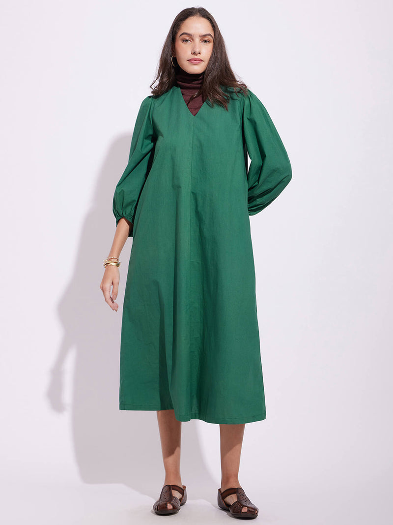 Cotton Solid Relaxed Dress - Green