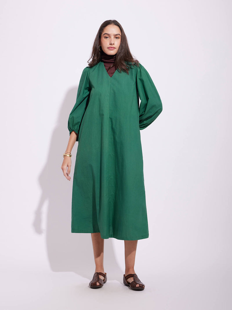 Cotton Solid Relaxed Dress - Green