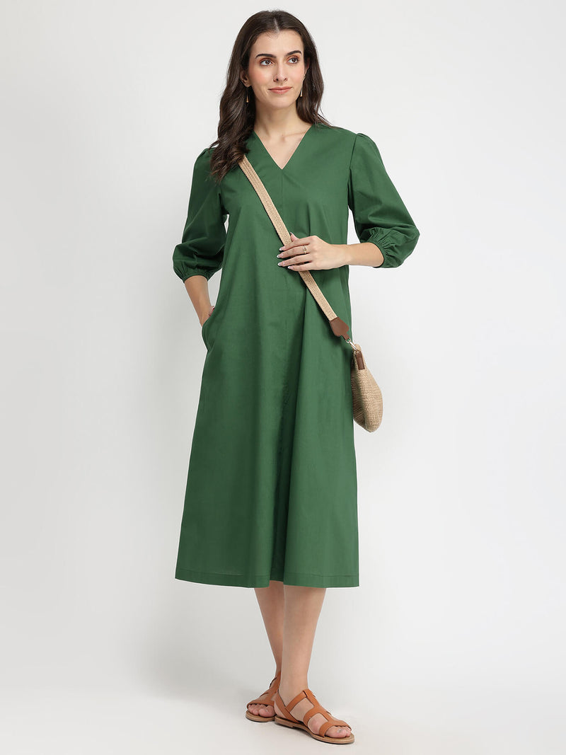 Cotton Solid Relaxed Dress - Green