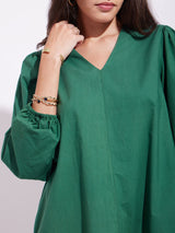 Cotton Solid Relaxed Dress - Green