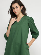 Cotton Solid Relaxed Dress - Green