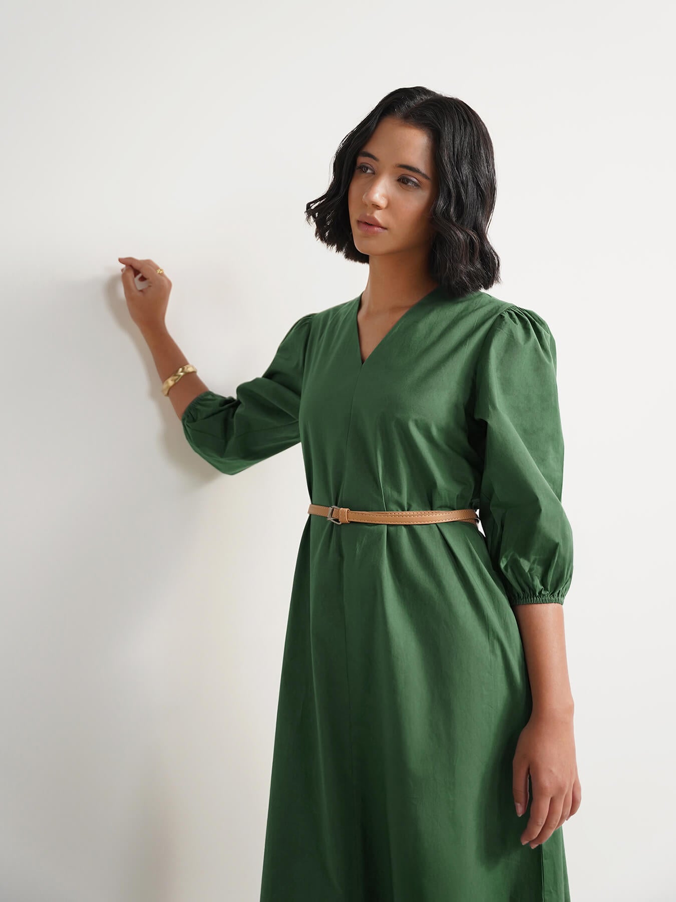 Cotton Solid Relaxed Dress - Green