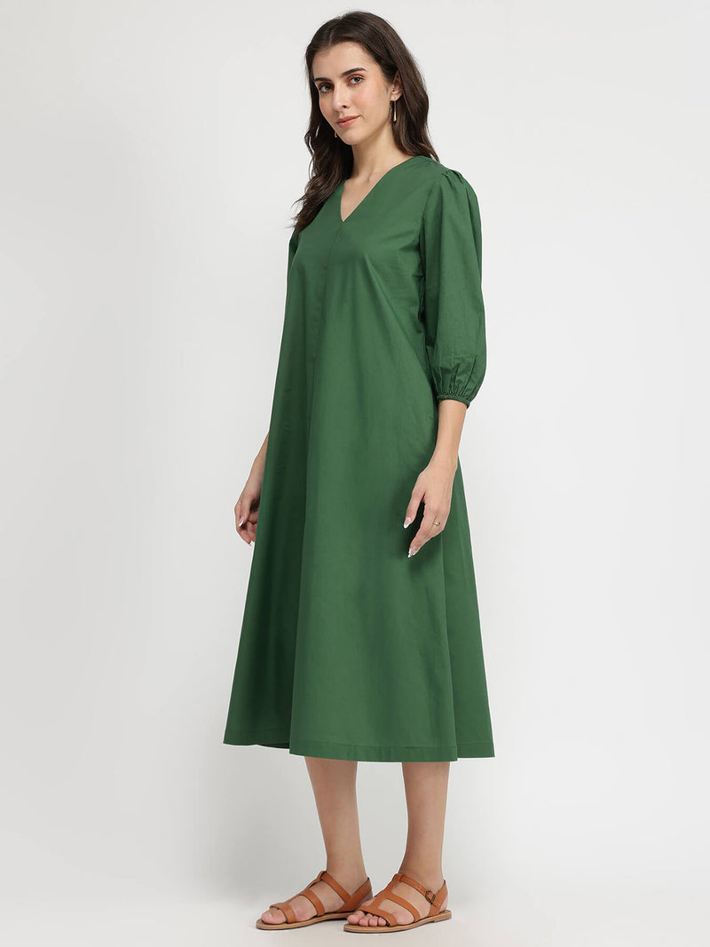 Cotton Solid Relaxed Dress - Green