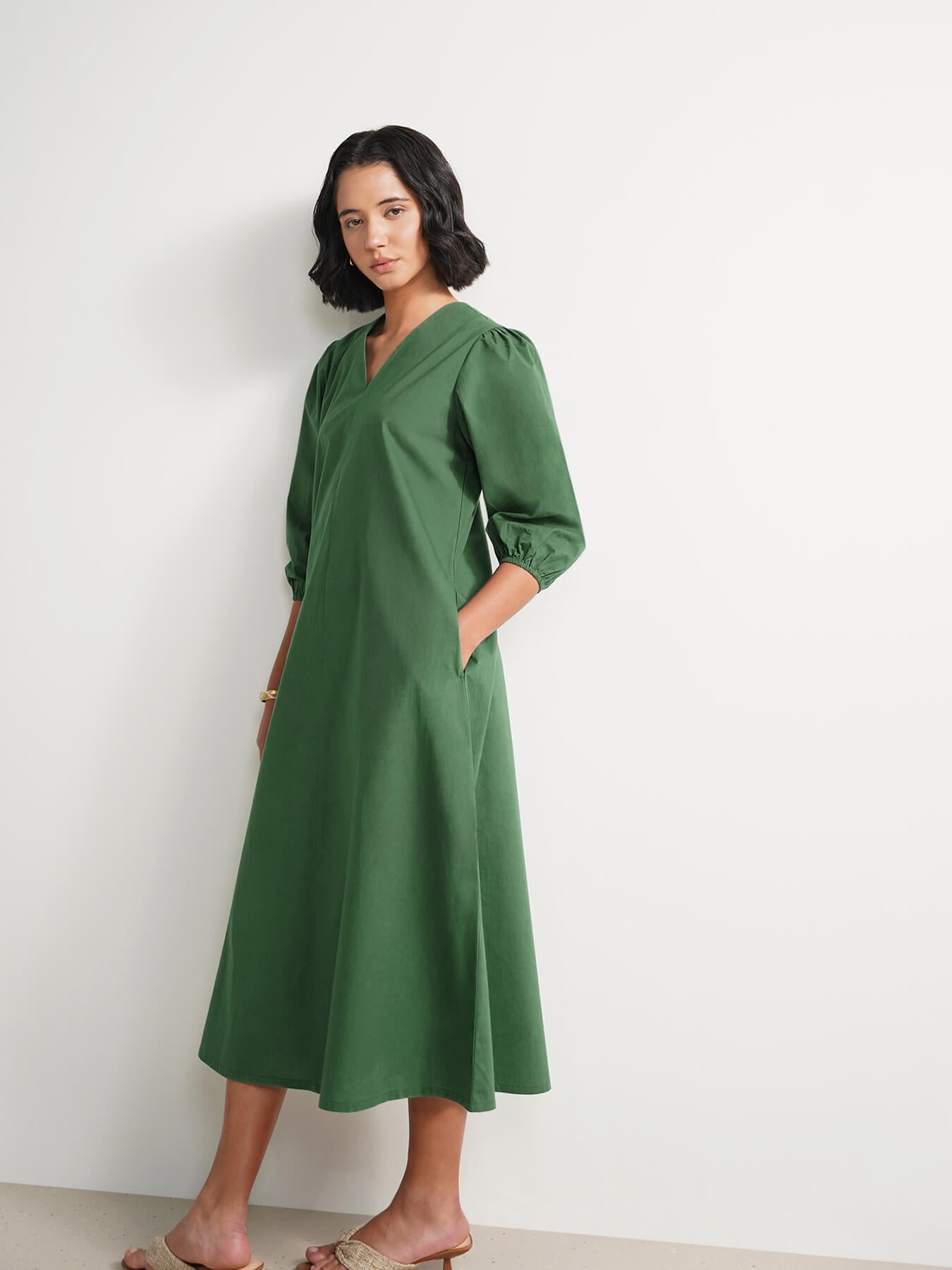 Cotton Solid Relaxed Dress - Green