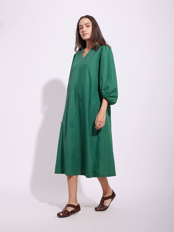 Cotton Solid Relaxed Dress - Green