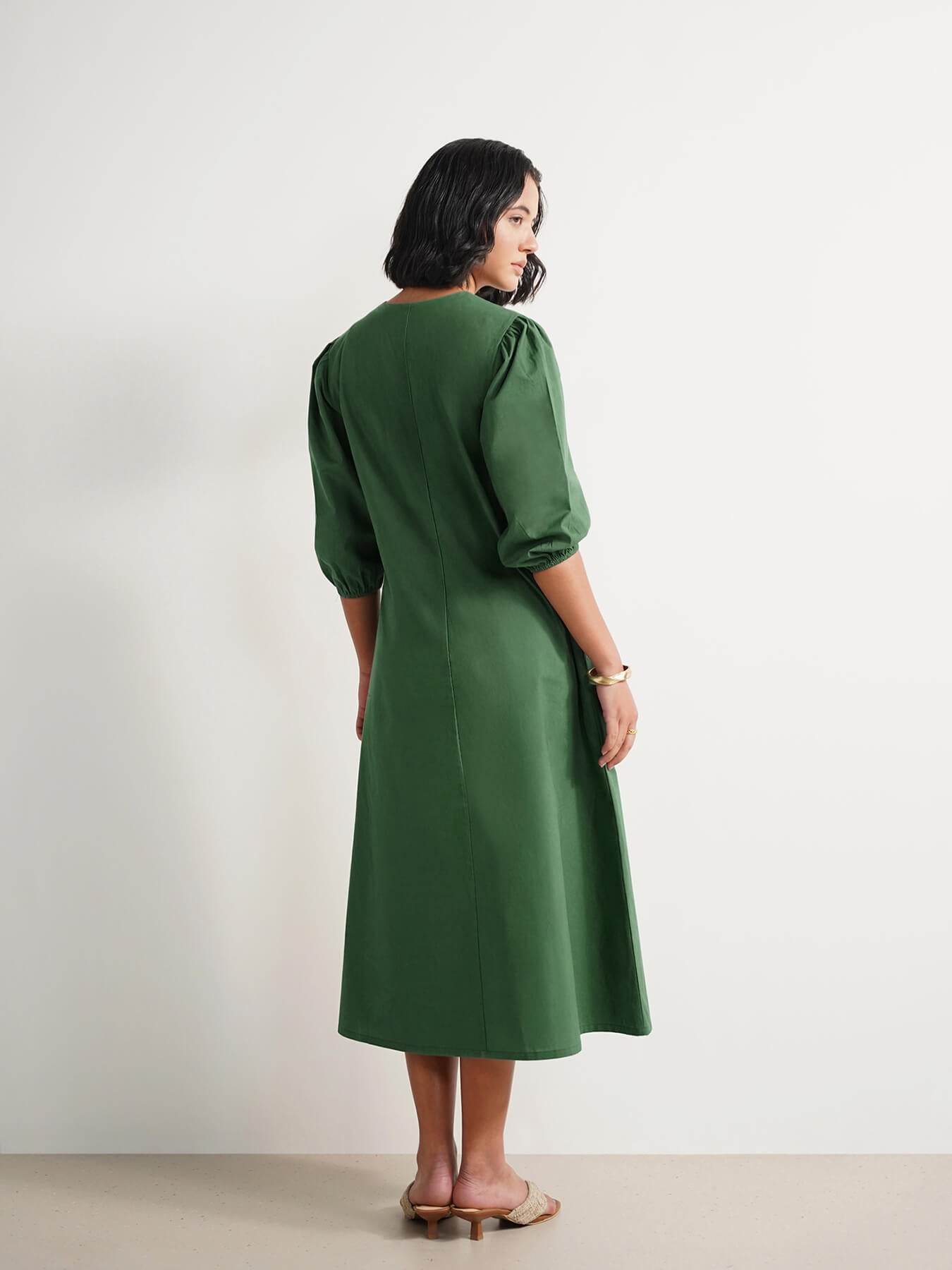 Cotton Solid Relaxed Dress - Green