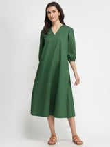 Cotton Solid Relaxed Dress - Green