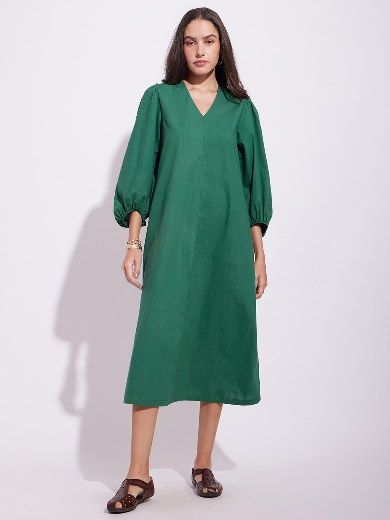 Cotton Solid Relaxed Dress - Green