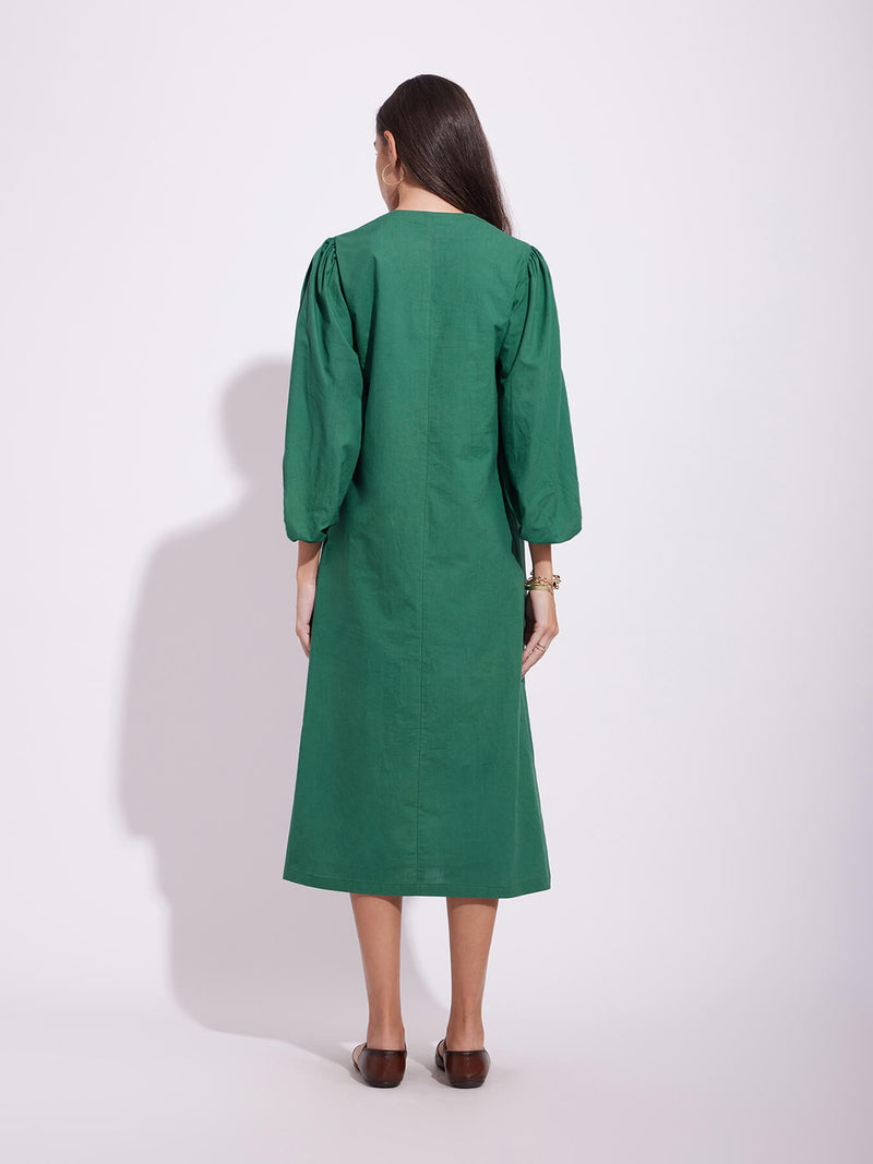 Cotton Solid Relaxed Dress - Green